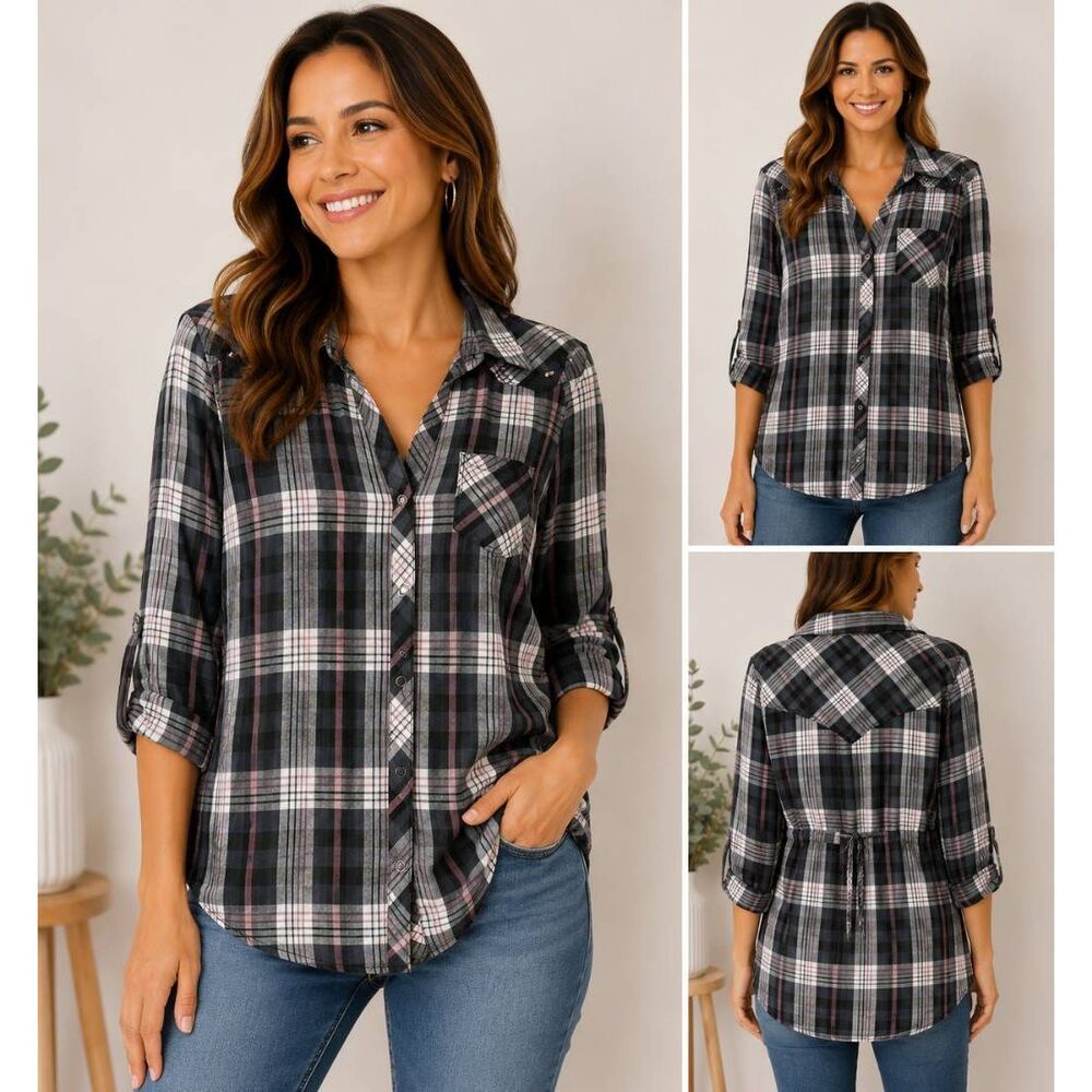 BKE Plaid Button Shirt Womens Medium Roll Tab